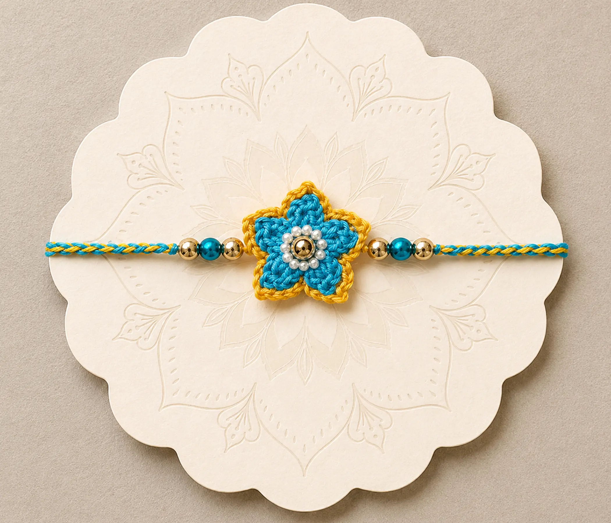 Beaded Star Floral Handcrafted Crochet Rakhi - Elegant Homemade Rakhadi